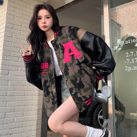 痞帥高級感pu皮拼接迷彩外套春秋美式復古情侶棒球服無帽飛行夾克