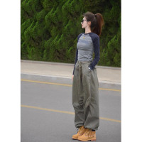 灰綠色速乾美式高街工裝褲寬鬆運動褲女男高腰顯瘦闊腿褲子秋潮牌