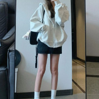 美式灰白色厚棉T女春秋oversize復古連帽薄款外套寬鬆慵懶開衫上衣