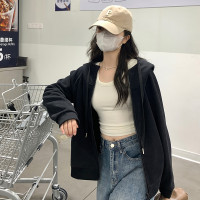 黑色外套女春秋冬季加絨小個子衛衣連帽拉鍊上衣新款初秋運動開衫