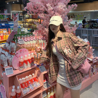 莊大泥 粉色格子十字拼皮襯衫女2023新款寬鬆休閒復古外套ins潮