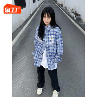 國潮牌美式復古藍色格子襯衫女春秋款設計感小眾長袖上衣高街外套