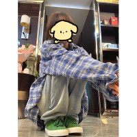 美式復古polo領格子襯衫女設計感小眾2023年春秋新款vintage上衣