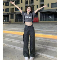 深灰翻腰美式高街工裝褲口袋寬鬆運動褲女男高腰顯瘦闊腿褲子秋潮