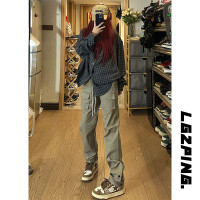 灰綠色機能衝鋒褲直筒修身vibe褲子美式高街設計感高個子休閒長褲