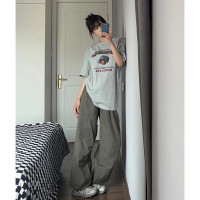 灰綠色速乾美式高街工裝褲寬鬆運動褲女男高腰顯瘦闊腿褲子秋潮牌