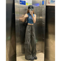 深灰白條美式高街工裝褲寬鬆運動褲女男高腰顯瘦闊腿褲子秋潮牌