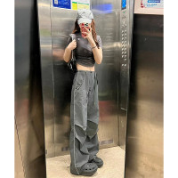 深灰白條速乾美式高街直筒工裝褲寬鬆運動褲女男顯瘦闊腿褲子秋潮