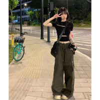 軍綠抽繩鬆緊美式高街工裝褲寬鬆運動褲女男高腰顯瘦闊腿褲子秋潮