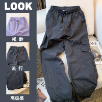 撿漏專櫃撤回~降落傘工裝褲女夏2023新款美式復古抽繩闊腿束口褲