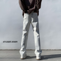 白色紮染牛仔褲男款修身美式vibe褲子高街潮牌直筒hiphop微喇叭褲