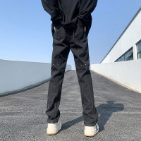 美式vibe純黑色牛仔褲修身高街潮牌鉚釘設計藝術感褲子直筒休閒褲