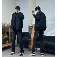 純黑色牛仔褲修身彈力直筒褲歐美風高級感褲子vibe美式街頭微喇叭褲