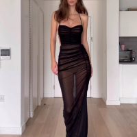 高冷御姐性感網紗吊帶洋裝2023夏辣妹包臀修身顯瘦抹胸露背長裙