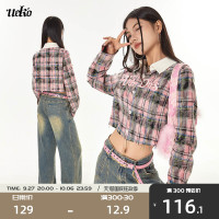 UEKO美式復古格子短款襯衫女長袖早秋季潮牌辣妹粉色顯瘦高腰上衣