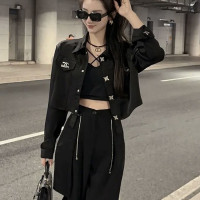 夏季休閒黑色長袖精緻防曬襯衫韓版洋派短款顯瘦設計感襯衫外套女