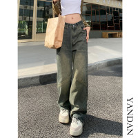 美式復古水洗做舊拼接牛仔褲寬鬆直筒高街vibe褲子歐美痞帥闊腿褲