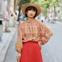 三叔 日單秋款格子襯衫長袖寬鬆復古亞麻上衣柔軟大袖子設計