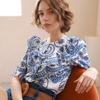 現貨~法式 22年夏季輕奢民族風刺繡大荷葉邊純棉泡泡短袖直筒襯衫