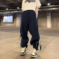 速乾巴黎神褲男設計感條紋藏青色校服褲子夏季潮牌束腳降落傘兵褲