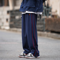 美式vibe風高街褲子男ins側邊條紋闊腿休閒褲oldschool設計感長褲