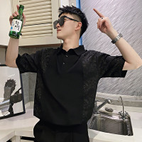 男裝polo衫冰絲短袖夏季2023新款痞帥高級感腰果花拼接襯衫領T恤