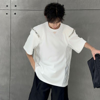 高品質小領口墊肩T恤男款小眾解構鏤空上衣高級感金屬拉鍊七分袖