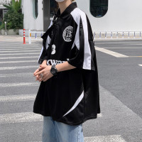 高街拼接短袖POLO衫男夏季2023新款寬鬆美式復古撞色印花翻領上衣