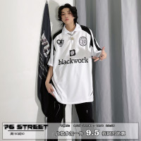 76美式復古短袖t恤男ins高街寬鬆拼接機車衣服印花情侶潮牌polo衫