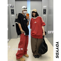 情侶裝t恤潮牌歐美高街oversize織帶拼接插肩袖重磅短袖國潮半袖