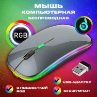 Мышь беспроводная бесшумная с подсветкой RGB c адаптером USB/ Мышка компьютерная оптическая для ноутбука в офис, компьютера, ПК для дома / Мокрый асфальт / Без Bluetooth