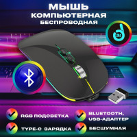 Мышь беспроводная бесшумная с Bluetooth, с зарядкой Type - C, с подсветкой RGB, c адаптером USB / Мышка компьютерная ZBS M103 оптическая для ноутбука в офис, компьютера, ПК для дома / Чёрная