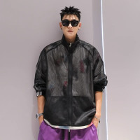 美式高街休閒長袖網格鏤空設計感防曬服拉鍊透氣上衣男大尺碼300斤2