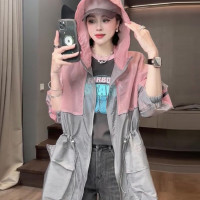 撞色連帽防曬衣女款夏季2023新款設計感中長版抽繩收腰防曬服外套