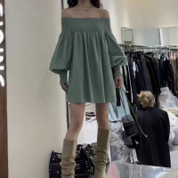 韓系減齡露肩一字領燈籠袖洋裝女早秋新款氣質寬鬆小個子中長裙