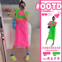 歐貨大版T恤裙新款撞色印花胖mm無袖背心裙休閒寬鬆大尺碼直筒長裙