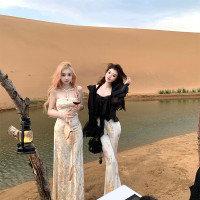 DoggyQin絲帕羅花/暈染絲絨洋裝女秋季收腰顯瘦掛頸抹胸長裙