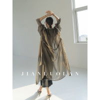 歡子定製高級感超薄網紗長版開衫外搭防曬衣女襯衫式洋裝罩衫外套