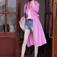 粉色可拆卸長版防曬衣夏季女裝2023新款小眾設計感連帽休閒防曬服