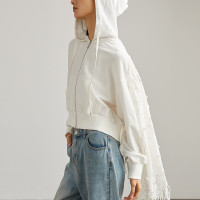 獨家原創個性潮牌設計蕾絲繡花鏤空流蘇拼接白色純棉短款連帽運動衫