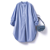 SAYI寬鬆顯瘦襯衫女中長版2023年秋季新款全棉長袖藍色泡泡袖上衣