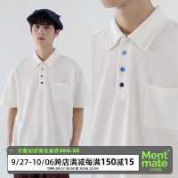 蒙馬特先生 小眾極簡藍色漸層鈕釦POLO衫男日系潮男內搭BF短袖T恤