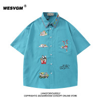 WESVGM美式復古趣味卡通刺繡短袖襯衫男女寬鬆情侶港味chic上衣潮