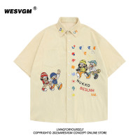 WESVGM夏季美式復古趣味卡通刺繡燈芯絨短袖襯衫男女寬鬆潮牌上衣