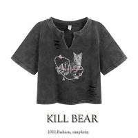 品牌折扣店商場撤回女裝外貿清倉破洞短袖t恤夏季短款辣妹上衣潮