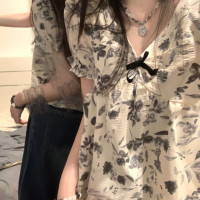 新中式短袖襯衫女夏季薄款設計感小眾碎花襯衫復古短款娃娃衫上衣