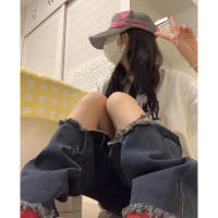 大破洞復古藍美式高街直筒褲牛仔褲女男寬鬆高腰顯瘦闊腿褲子潮牌