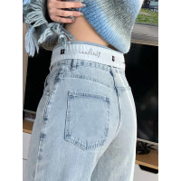 翻腰淺藍美式高街復古直筒褲牛仔褲女男寬鬆高腰顯瘦闊腿長褲子秋