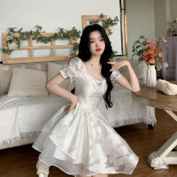 Blovelan綿綿芝士 甜美短裙方領提花蕾絲高腰泡泡袖洋裝女夏季