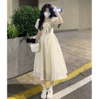 奶甜蓬蓬裙在逃公主蝴蝶結洋裝2023女新款小個子法式收腰長裙夏